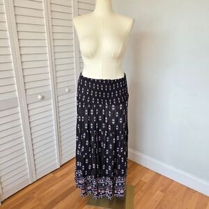 Cute Options Black Floral Tiered Maxi Skirt OS Boho Smocked Festival Cottagecore